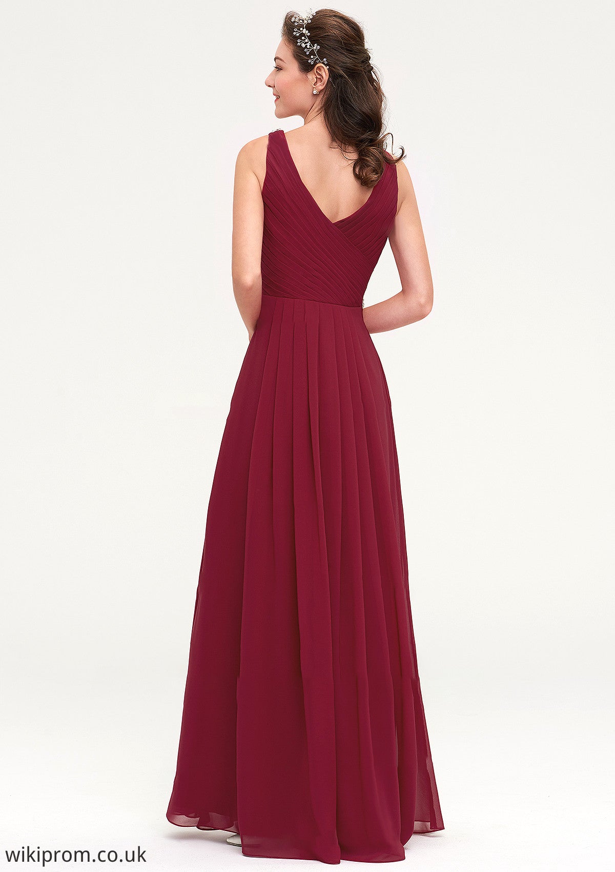 V Neck Sleeveless Chiffon A-line/Princess Long/Floor-Length Bridesmaid Dresseses With Waistband Beading Pleated Thirza SWKP0025355