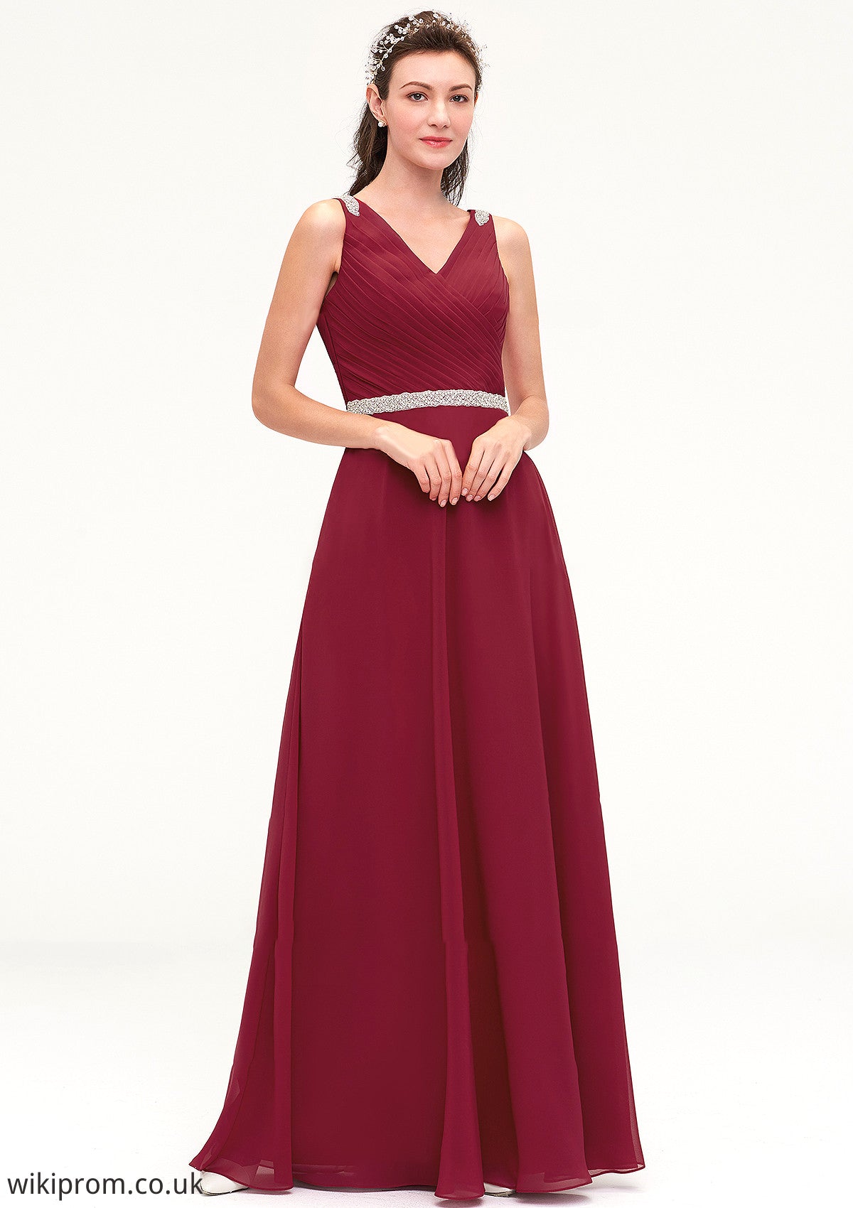 V Neck Sleeveless Chiffon A-line/Princess Long/Floor-Length Bridesmaid Dresseses With Waistband Beading Pleated Thirza SWKP0025355