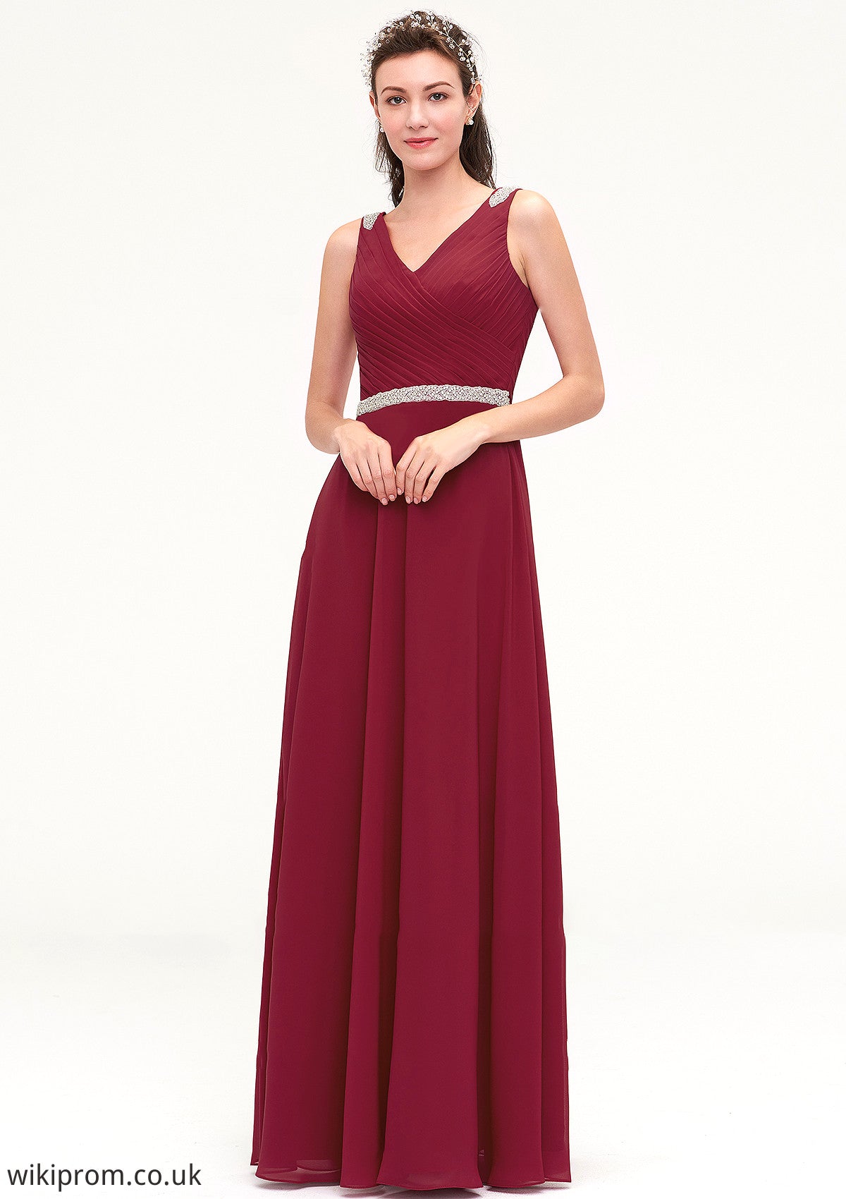 V Neck Sleeveless Chiffon A-line/Princess Long/Floor-Length Bridesmaid Dresseses With Waistband Beading Pleated Thirza SWKP0025355