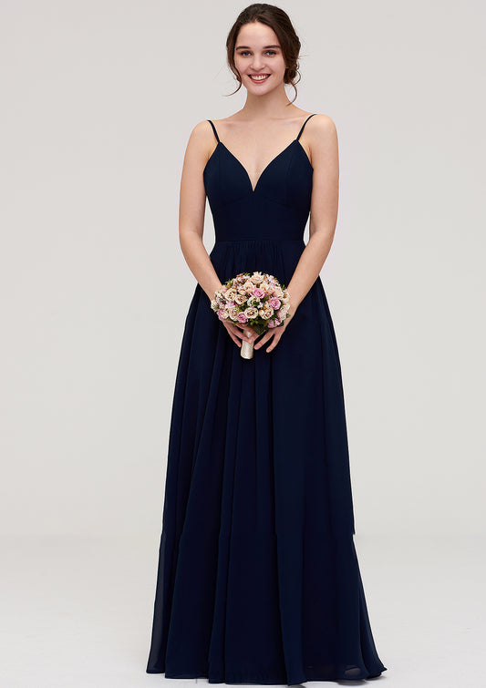 Sleeveless V Neck A-line/Princess Chiffon Long/Floor-Length Bridesmaid Dresseses With Pleated Margaret DUP0025357