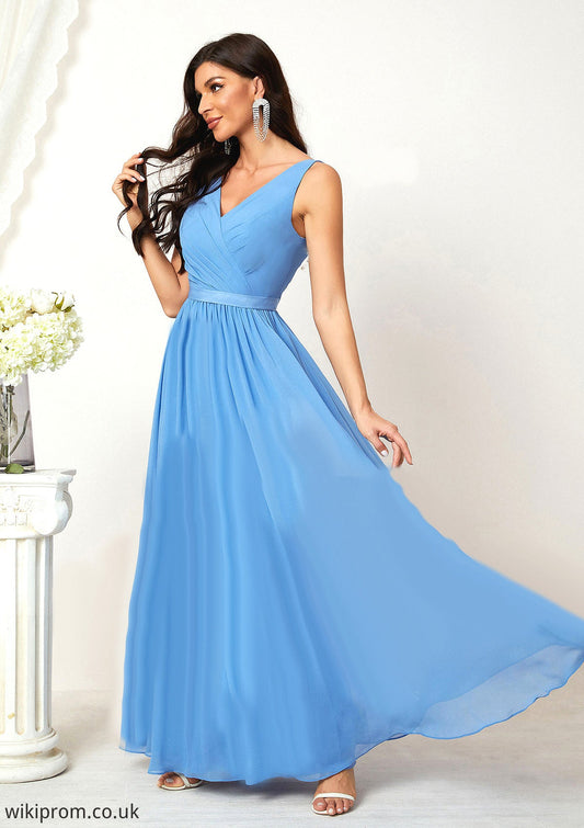 A-line V Neck Sleeveless Chiffon Long/Floor-Length Bridesmaid Dresses With Pleated Tina SWKP0025360