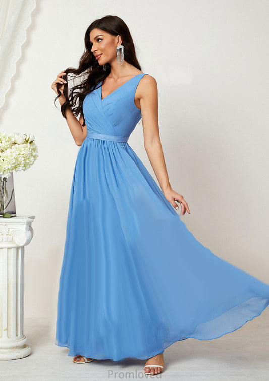 A-line V Neck Sleeveless Chiffon Long/Floor-Length Bridesmaid Dresses With Pleated Diana DUP0025360