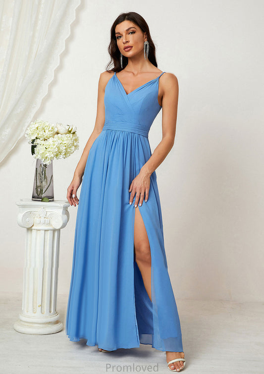 A-line V Neck Sleeveless Chiffon Long/Floor-Length Bridesmaid Dresses With Split Pleated Rhianna DUP0025362