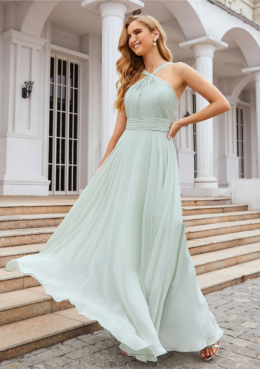 A-line Scalloped Neck Sleeveless Long/Floor-Length Chiffon Bridesmaid Dresses With Pleated Marin DUP0025366