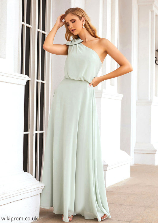 A-line One-Shoulder Sleeveless Long/Floor-Length Chiffon Bridesmaid Dresses With Shoulder Flower Aspen SWKP0025369