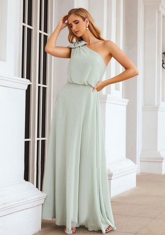 A-line One-Shoulder Sleeveless Long/Floor-Length Chiffon Bridesmaid Dresses With Shoulder Flower Elianna DUP0025369