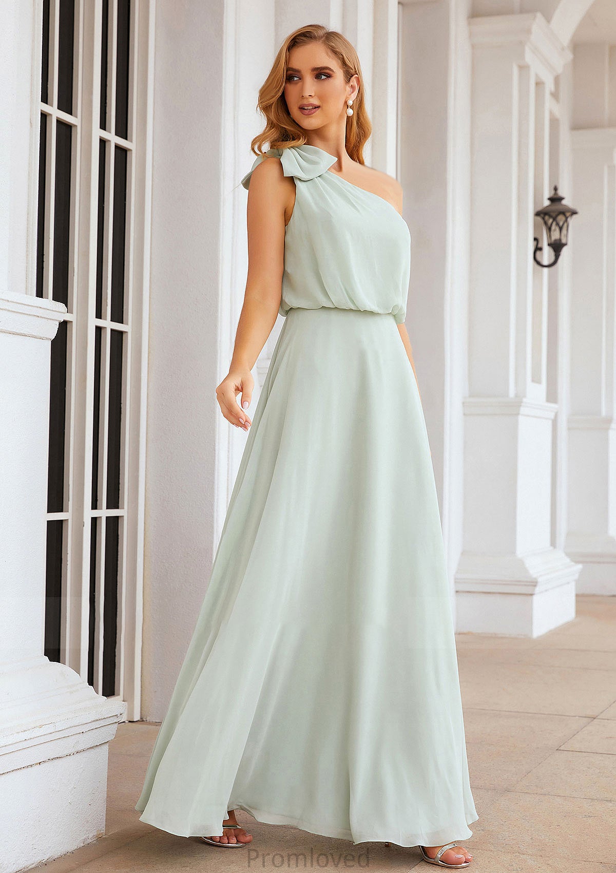 A-line One-Shoulder Sleeveless Long/Floor-Length Chiffon Bridesmaid Dresses With Shoulder Flower Elianna DUP0025369