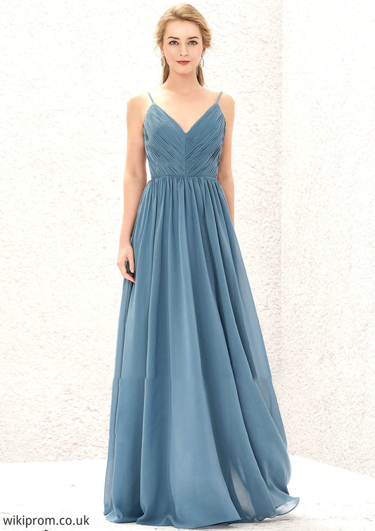 A-line V Neck Sleeveless Chiffon Long/Floor-Length Bridesmaid Dresses With Pleated Laurel SWKP0025370