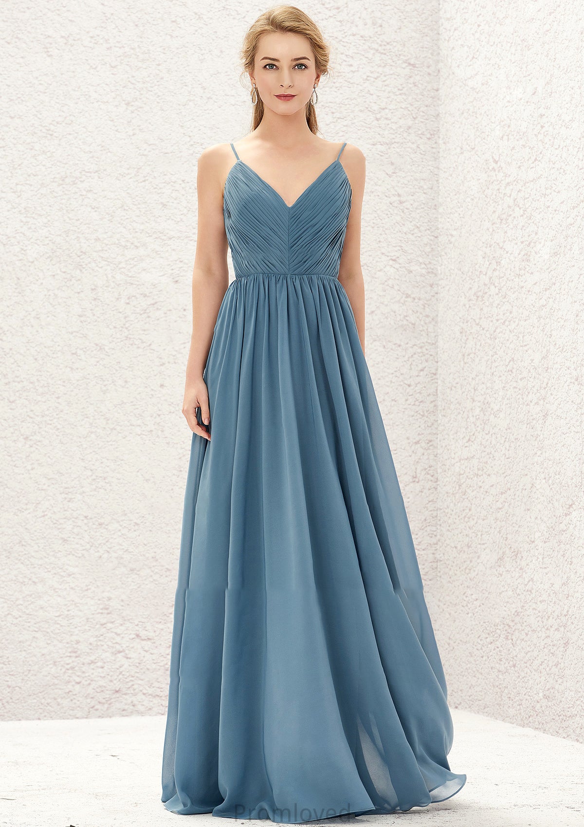 A-line V Neck Sleeveless Chiffon Long/Floor-Length Bridesmaid Dresses With Pleated Delaney DUP0025370