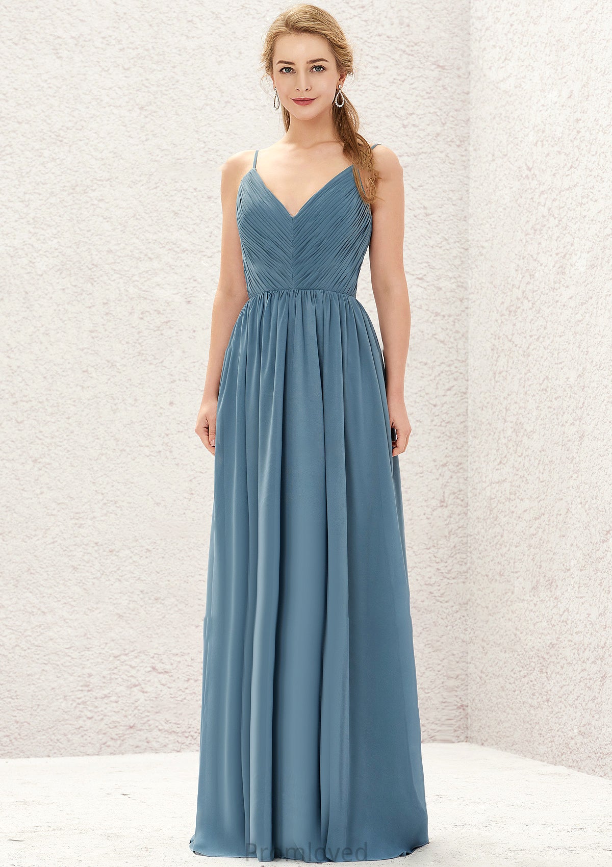 A-line V Neck Sleeveless Chiffon Long/Floor-Length Bridesmaid Dresses With Pleated Delaney DUP0025370