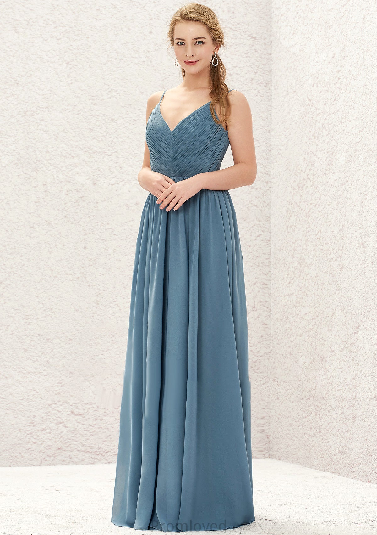 A-line V Neck Sleeveless Chiffon Long/Floor-Length Bridesmaid Dresses With Pleated Delaney DUP0025370