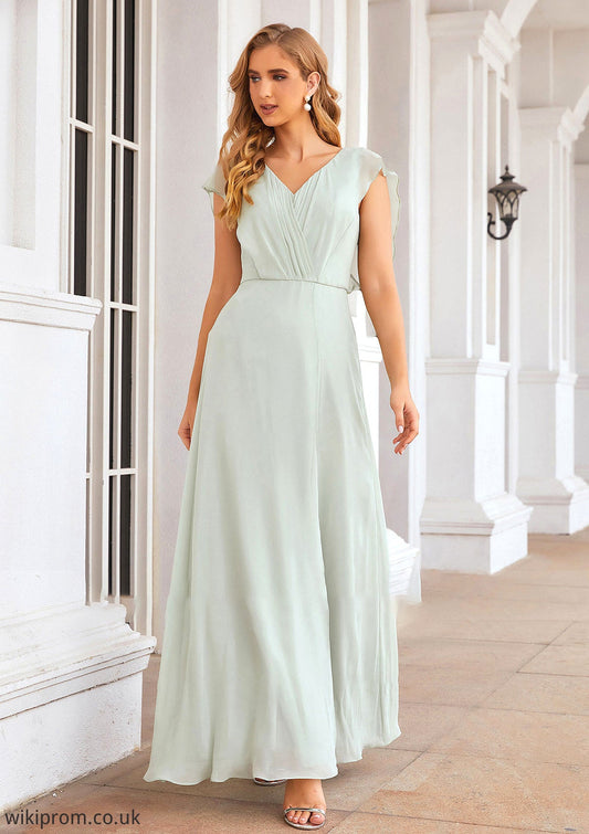 A-line V Neck Sleeveless Long/Floor-Length Chiffon Bridesmaid Dresses With Pleated Split Litzy SWKP0025372