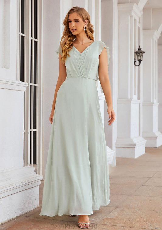 A-line V Neck Sleeveless Long/Floor-Length Chiffon Bridesmaid Dresses With Pleated Split Lola DUP0025372