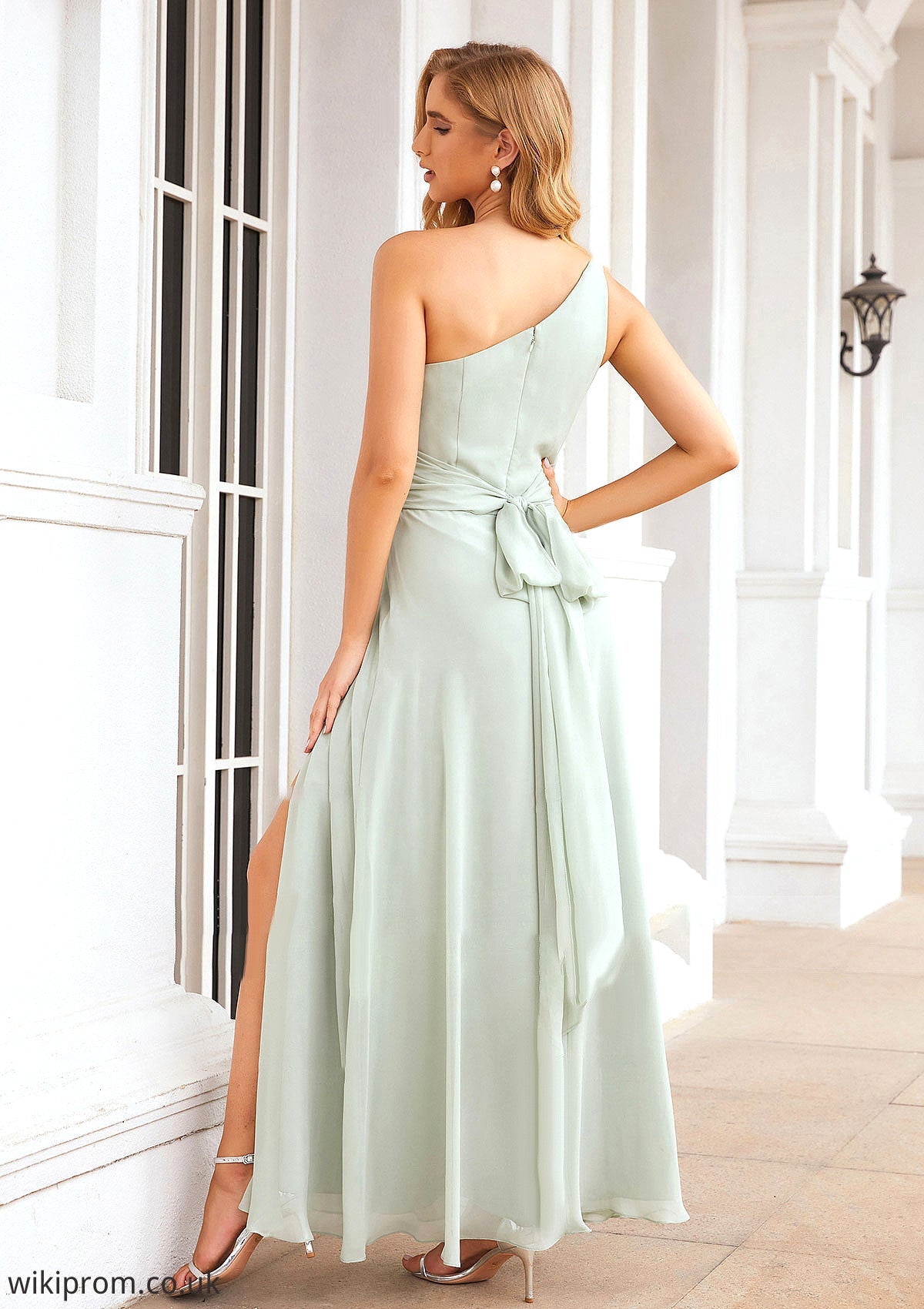 Sheath/Column One-Shoulder Sleeveless Long Chiffon Bridesmaid Dresseses With Pleated Waistband Split Shayna SWKP0025373