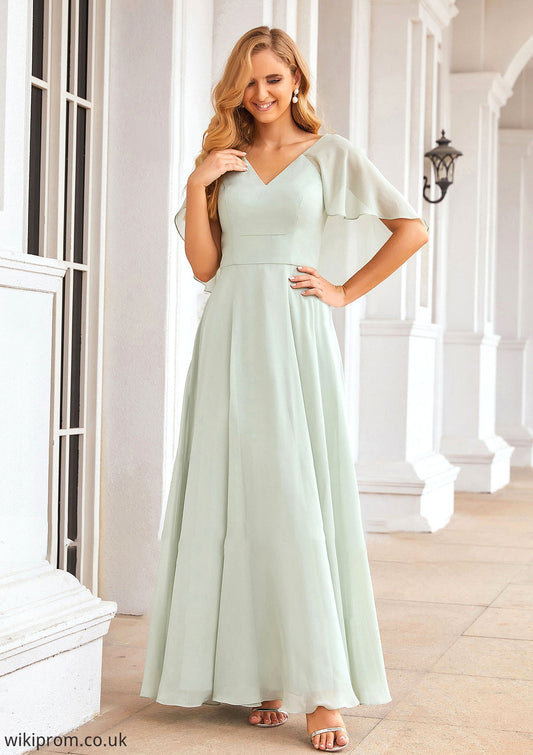 A-line V Neck Short Sleeve Long/Floor-Length Chiffon Bridesmaid Dresses Taniyah SWKP0025376