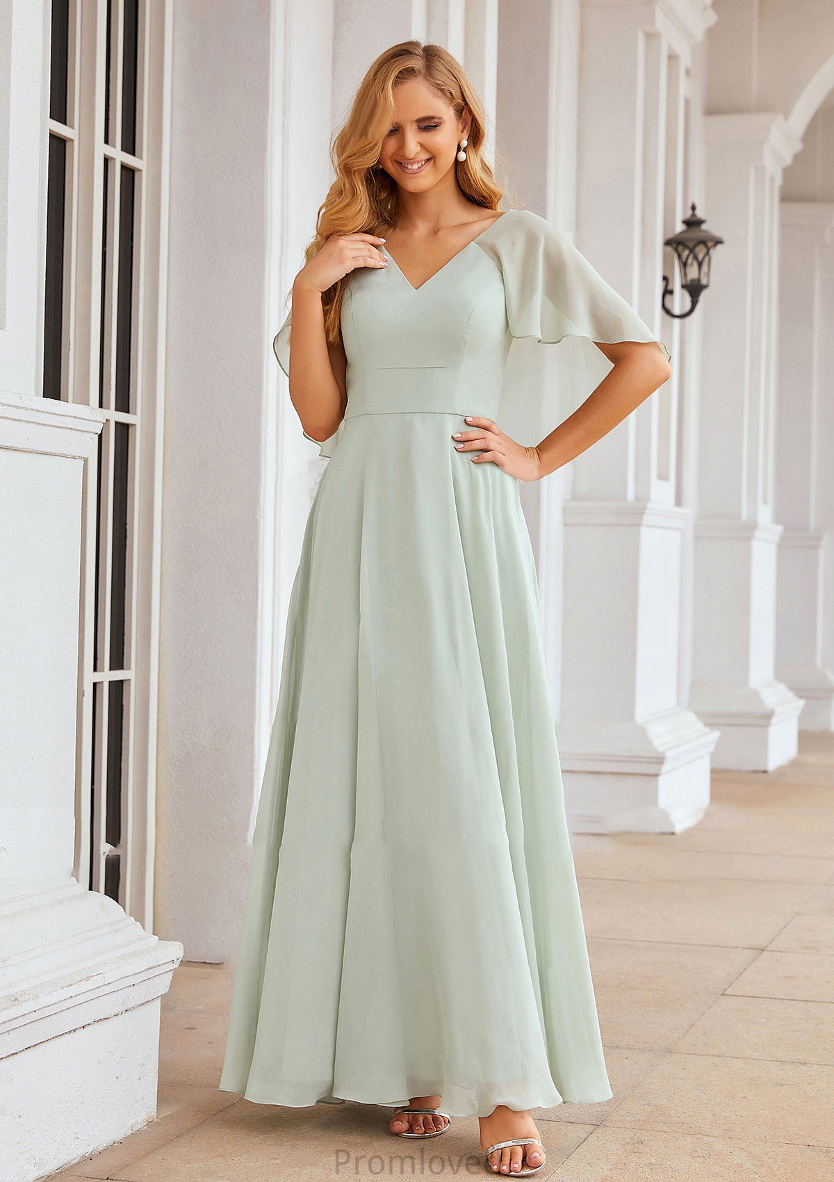 A-line V Neck Short Sleeve Long/Floor-Length Chiffon Bridesmaid Dresses Uerica DUP0025376