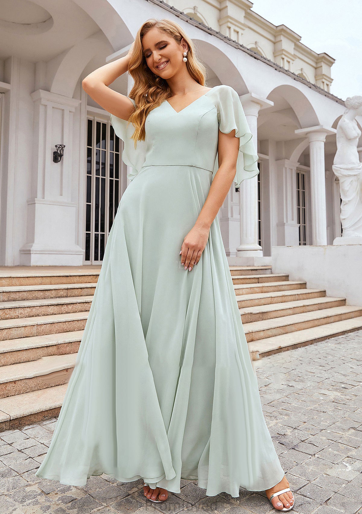 A-line V Neck Short Sleeve Long/Floor-Length Chiffon Bridesmaid Dresses Uerica DUP0025376