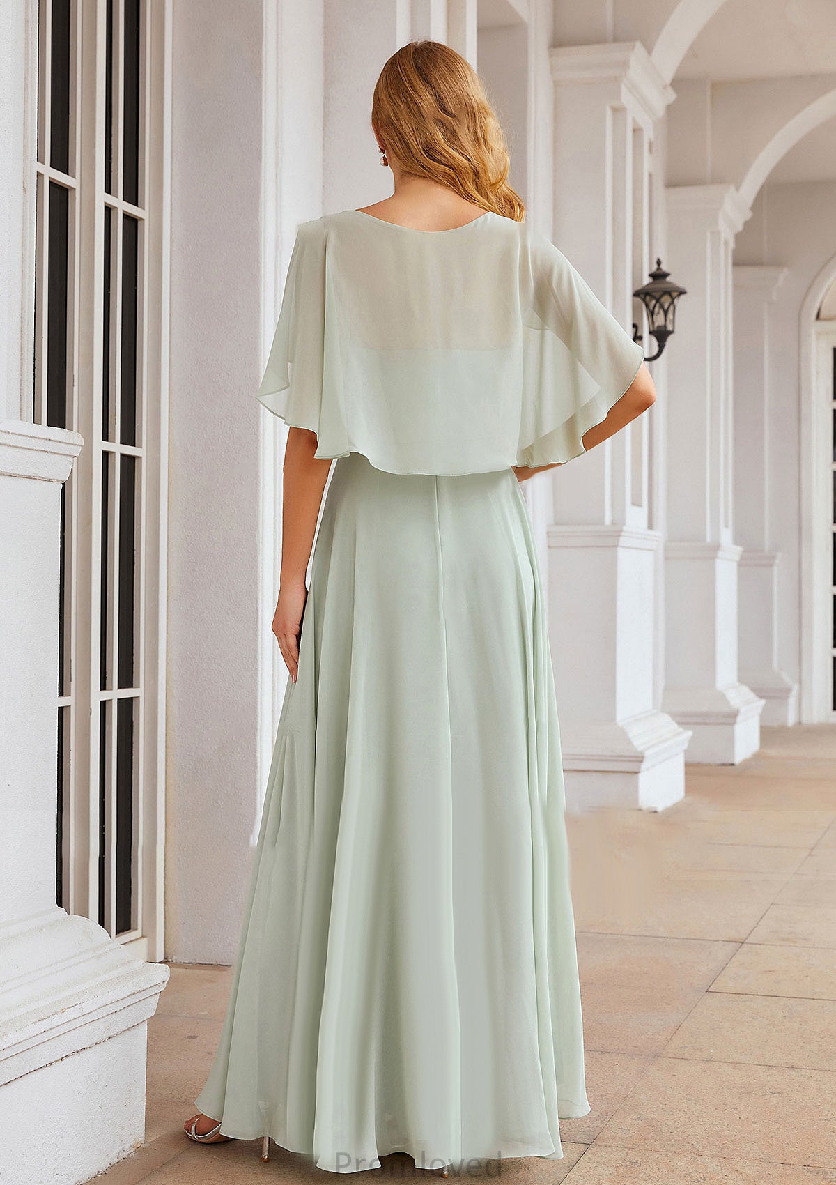 A-line V Neck Short Sleeve Long/Floor-Length Chiffon Bridesmaid Dresses Uerica DUP0025376