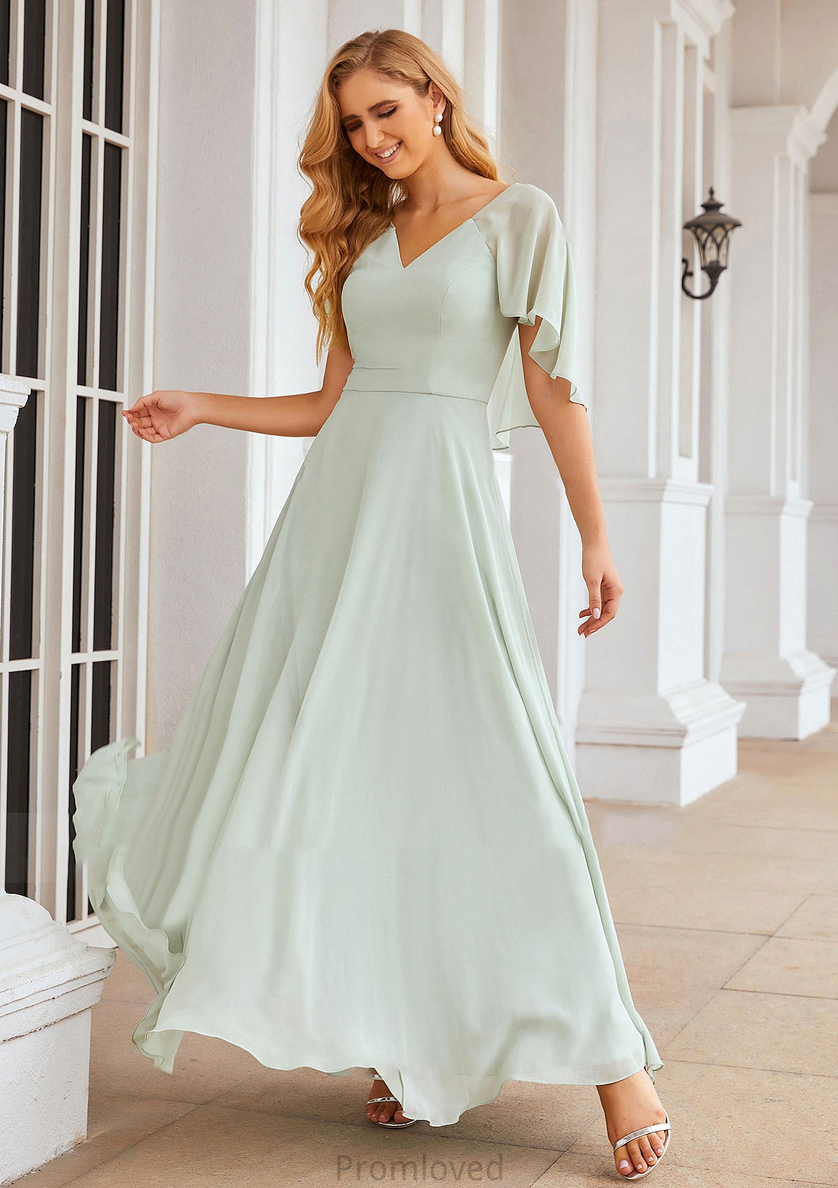 A-line V Neck Short Sleeve Long/Floor-Length Chiffon Bridesmaid Dresses Uerica DUP0025376