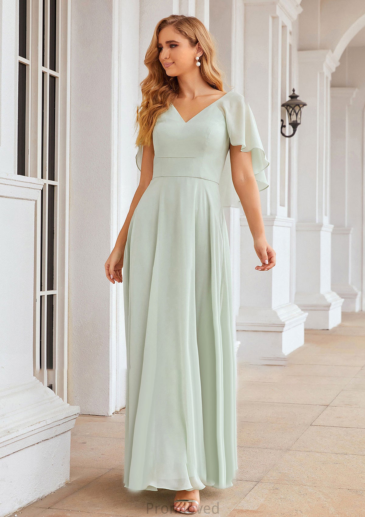 A-line V Neck Short Sleeve Long/Floor-Length Chiffon Bridesmaid Dresses Uerica DUP0025376