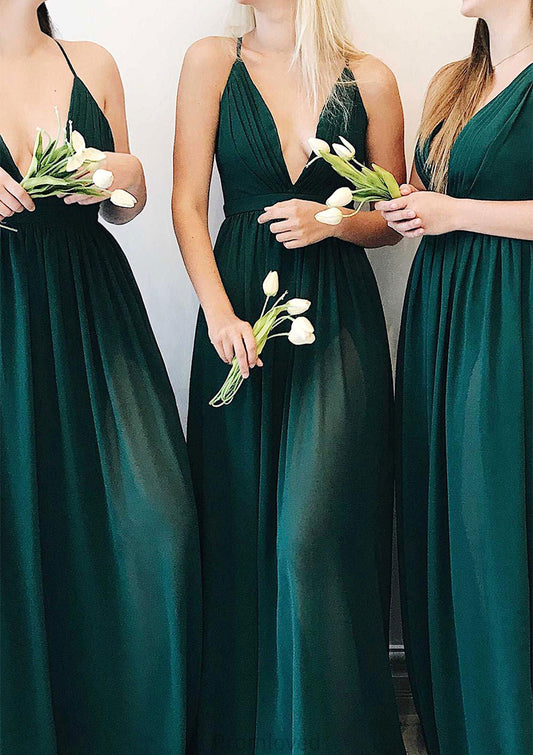 A-line V Neck Sleeveless Long/Floor-Length Chiffon Bridesmaid Dresses With Pleated Alisson DUP0025377