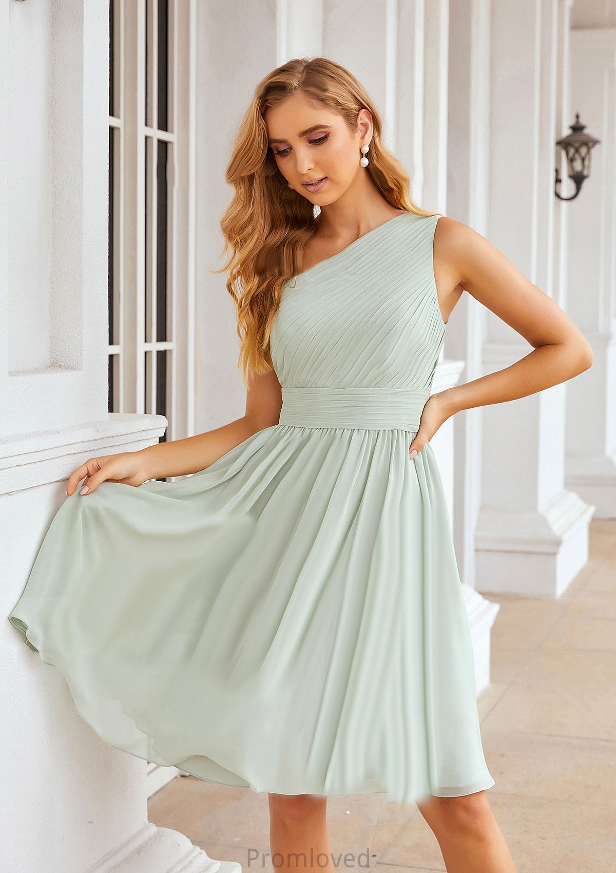 A-line One-Shoulder Sleeveless Chiffon Knee-Length Bridesmaid Dresses With Pleated Morgan DUP0025379