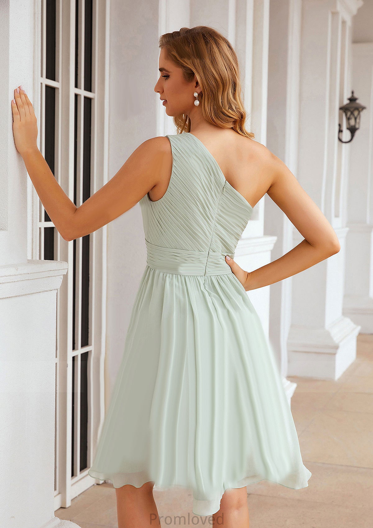 A-line One-Shoulder Sleeveless Chiffon Knee-Length Bridesmaid Dresses With Pleated Morgan DUP0025379