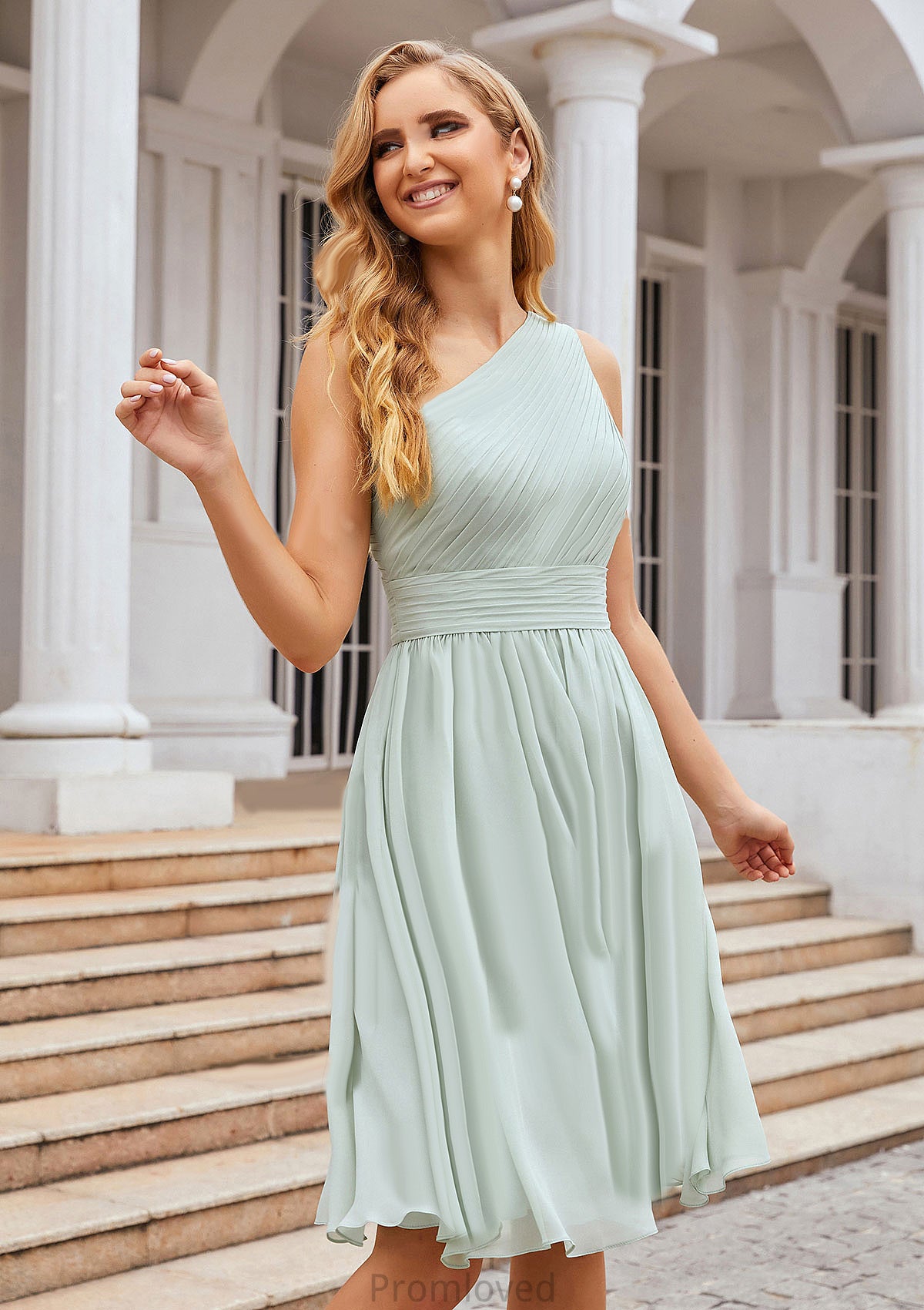 A-line One-Shoulder Sleeveless Chiffon Knee-Length Bridesmaid Dresses With Pleated Morgan DUP0025379