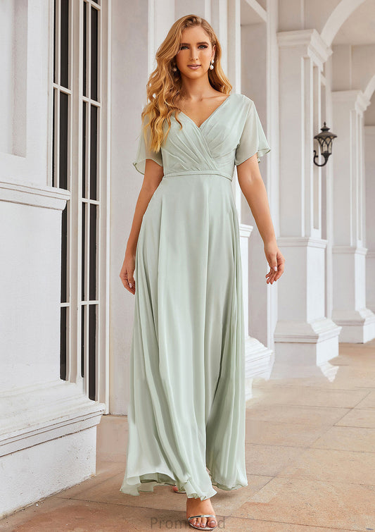 A-line V Neck Short Sleeve Chiffon Long/Floor-Length Bridesmaid Dresses With Pleated Waistband Madyson DUP0025381