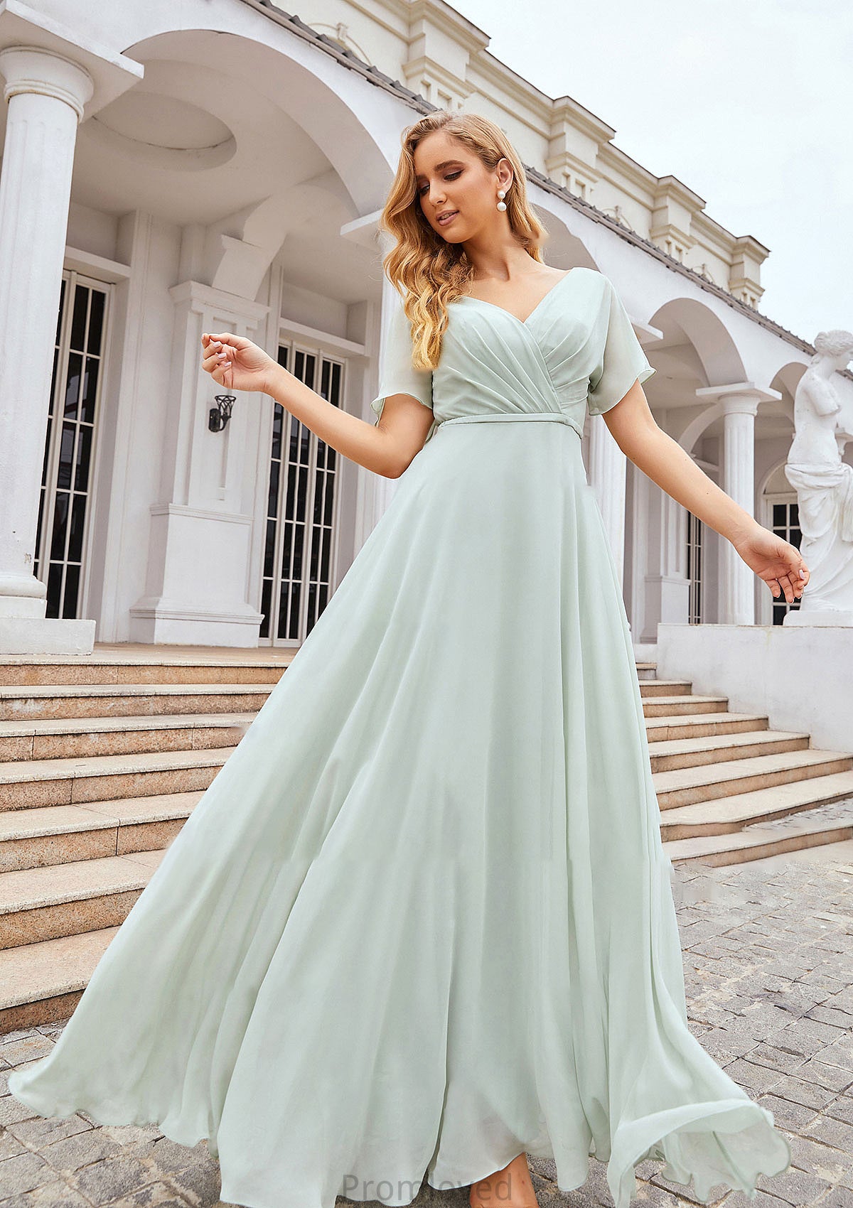 A-line V Neck Short Sleeve Chiffon Long/Floor-Length Bridesmaid Dresses With Pleated Waistband Madyson DUP0025381