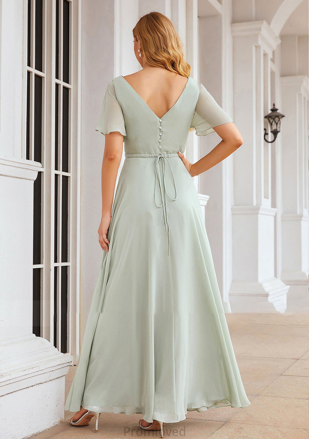 A-line V Neck Short Sleeve Chiffon Long/Floor-Length Bridesmaid Dresses With Pleated Waistband Madyson DUP0025381