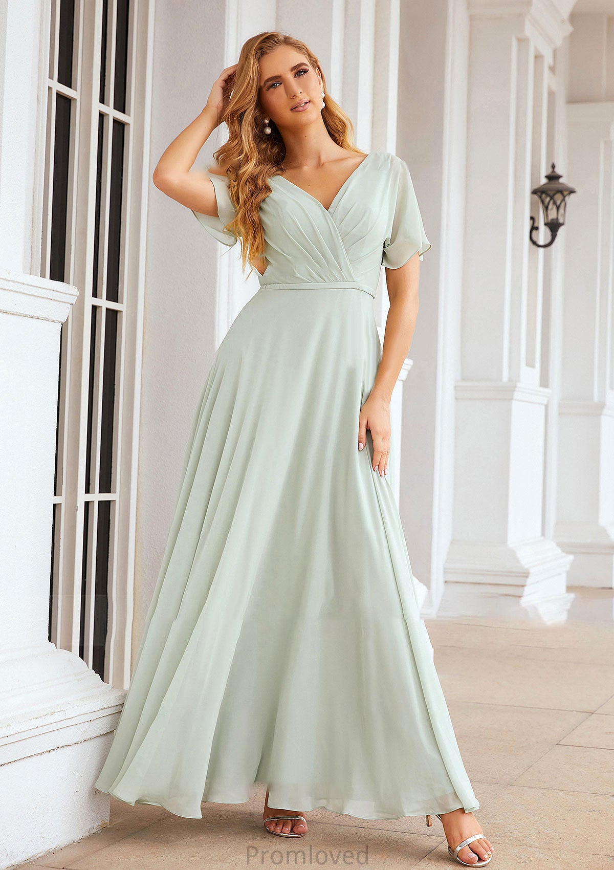 A-line V Neck Short Sleeve Chiffon Long/Floor-Length Bridesmaid Dresses With Pleated Waistband Madyson DUP0025381