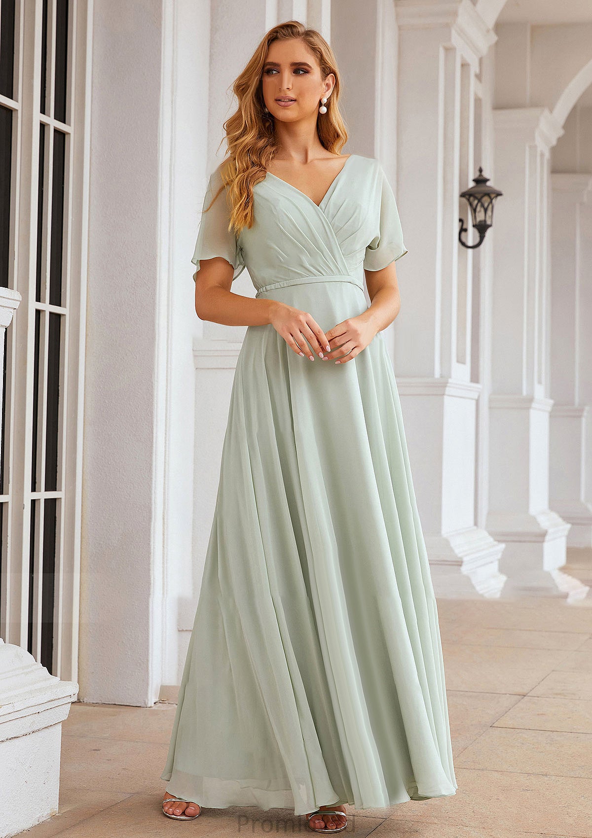 A-line V Neck Short Sleeve Chiffon Long/Floor-Length Bridesmaid Dresses With Pleated Waistband Madyson DUP0025381