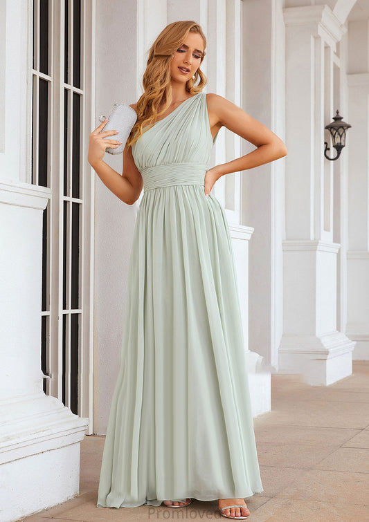 A-line One-Shoulder Sleeveless Chiffon Long/Floor-Length Bridesmaid Dresses With Pleated Lesly DUP0025382