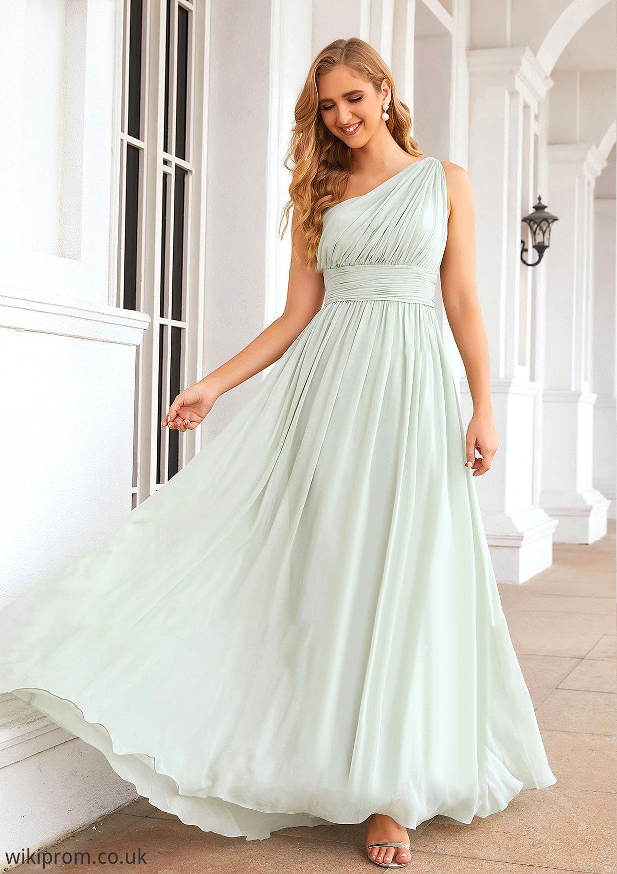 A-line One-Shoulder Sleeveless Chiffon Long/Floor-Length Bridesmaid Dresses With Pleated Moriah SWKP0025382