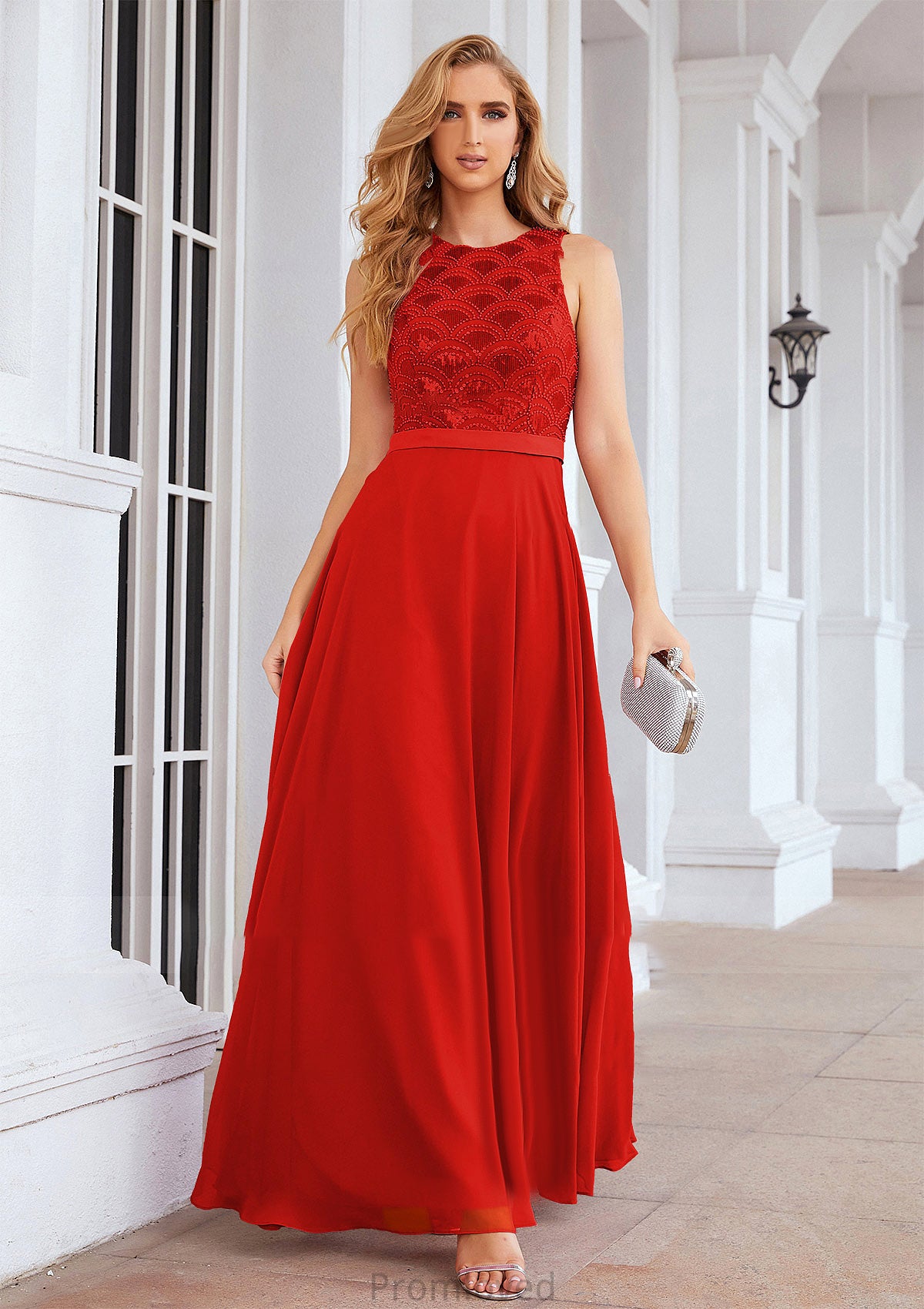 A-line Empire Scalloped Neck Sleeveless Chiffon Long/Floor-Length Bridesmaid Dresses With Beading Sequins Reagan DUP0025392