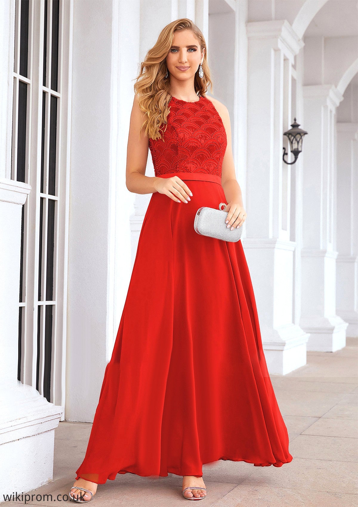 A-line Empire Scalloped Neck Sleeveless Chiffon Long/Floor-Length Bridesmaid Dresses With Beading Sequins Cassandra SWKP0025392