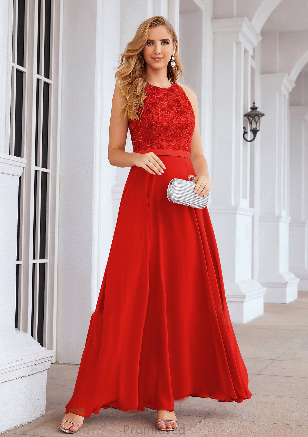 A-line Empire Scalloped Neck Sleeveless Chiffon Long/Floor-Length Bridesmaid Dresses With Beading Sequins Reagan DUP0025392