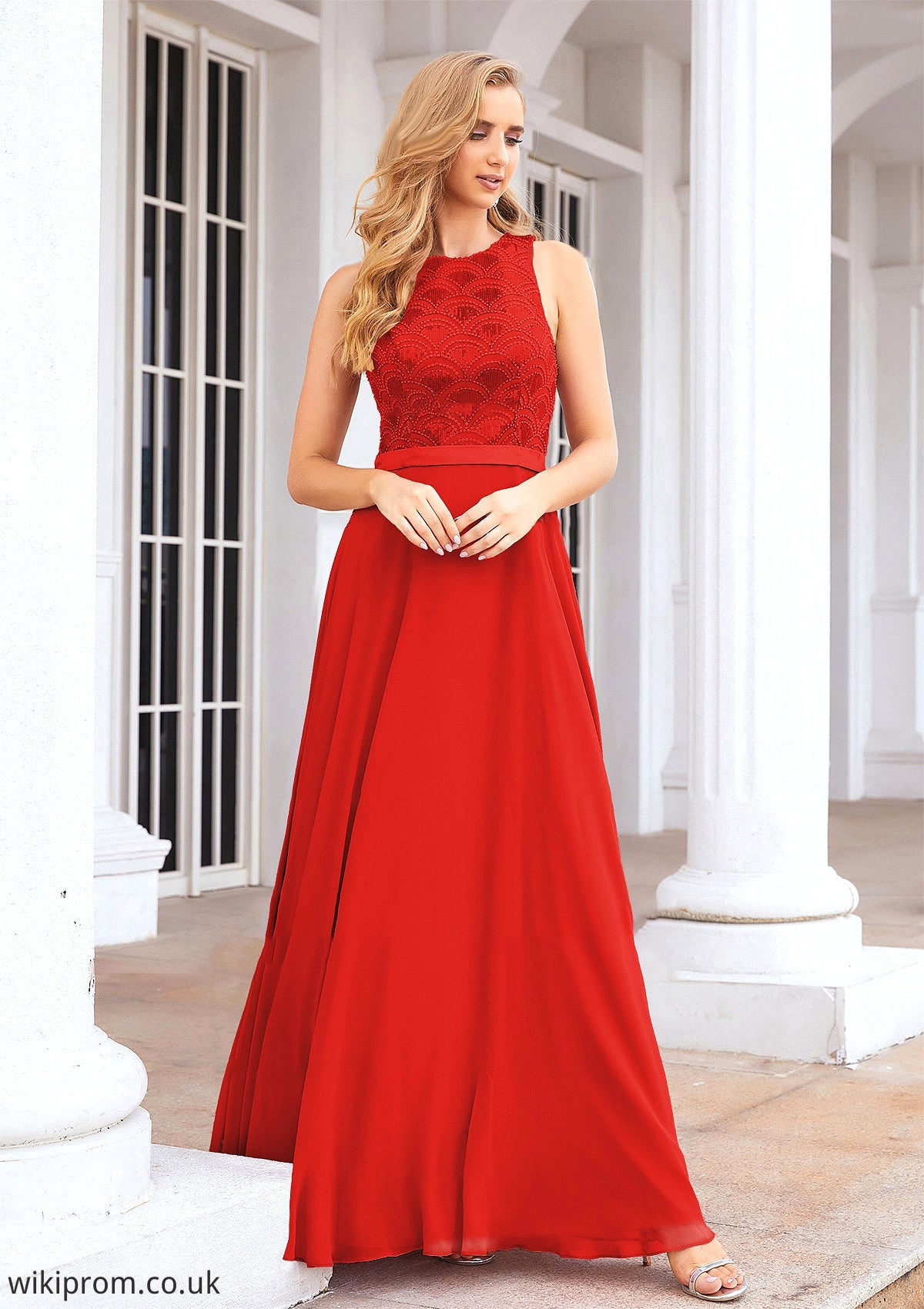 A-line Empire Scalloped Neck Sleeveless Chiffon Long/Floor-Length Bridesmaid Dresses With Beading Sequins Cassandra SWKP0025392