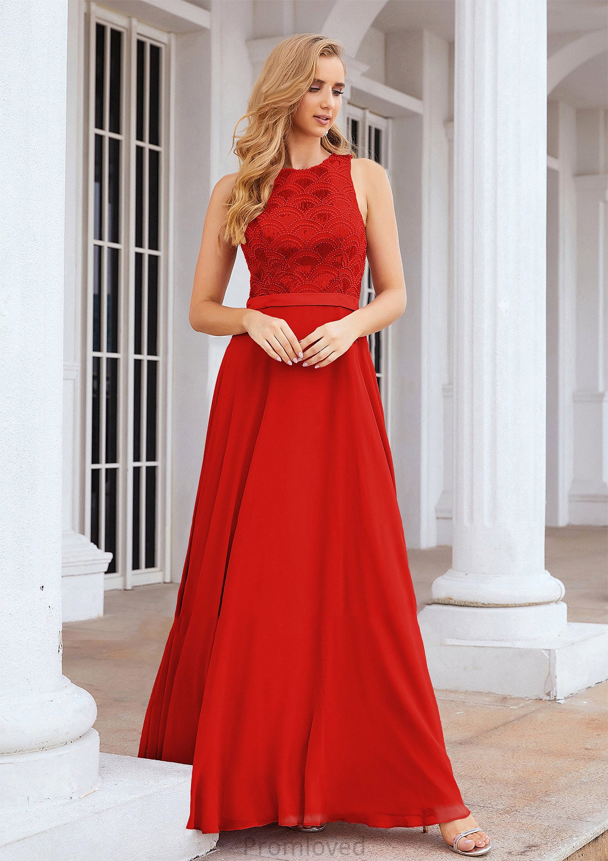 A-line Empire Scalloped Neck Sleeveless Chiffon Long/Floor-Length Bridesmaid Dresses With Beading Sequins Reagan DUP0025392