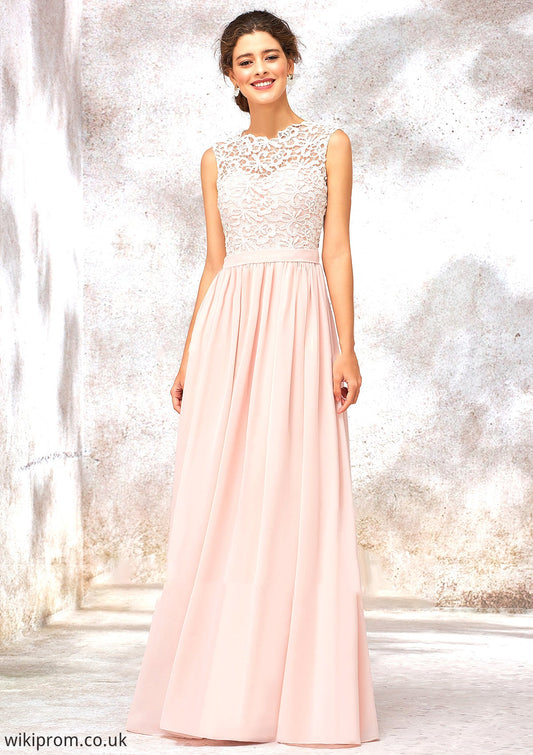 Scoop Neck Sleeveless Long/Floor-Length Chiffon A-line/Princess Bridesmaid Dresses With Lace Juliana SWKP0025398