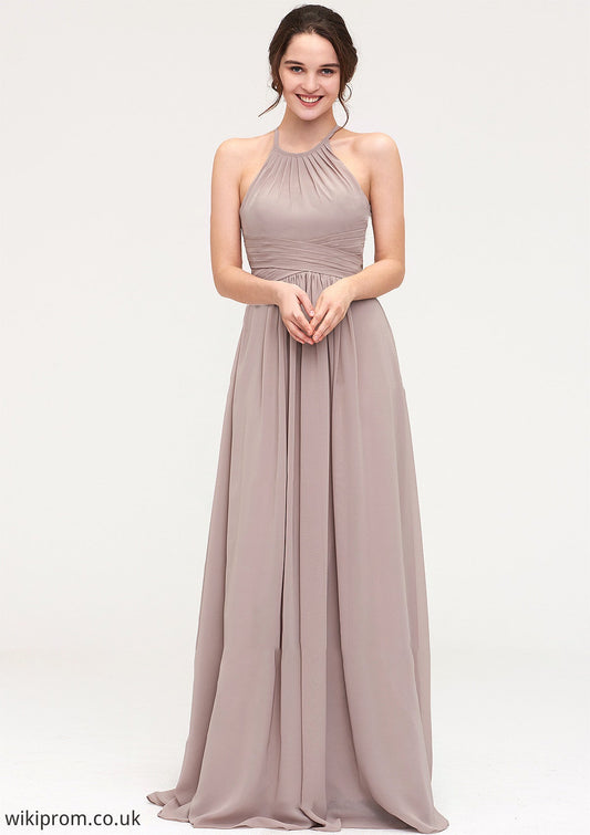 Scoop Neck Sleeveless A-line/Princess Chiffon Long/Floor-Length Bridesmaid Dresseses With Pleated Reagan SWKP0025399