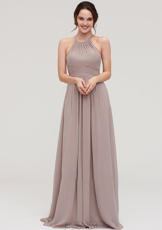 Scoop Neck Sleeveless A-line/Princess Chiffon Long/Floor-Length Bridesmaid Dresseses With Pleated Norah DUP0025399