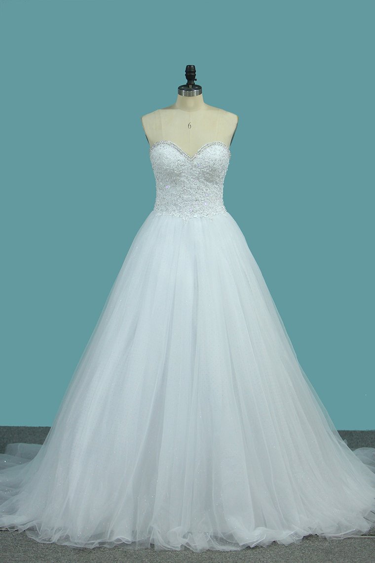 Sweetheart A Line Tulle Wedding Dresses Beaded Bodice Court Train