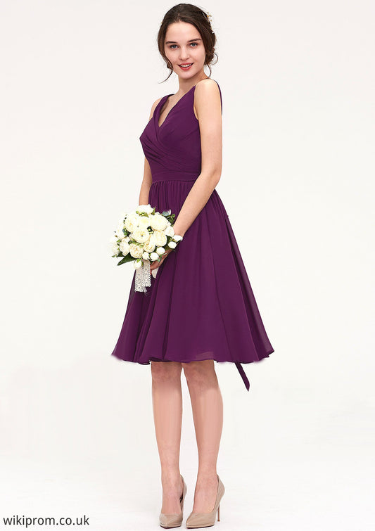 Sleeveless V Neck Chiffon A-line/Princess Knee-Length Bridesmaid Dresses With Pleated Susanna SWKP0025401