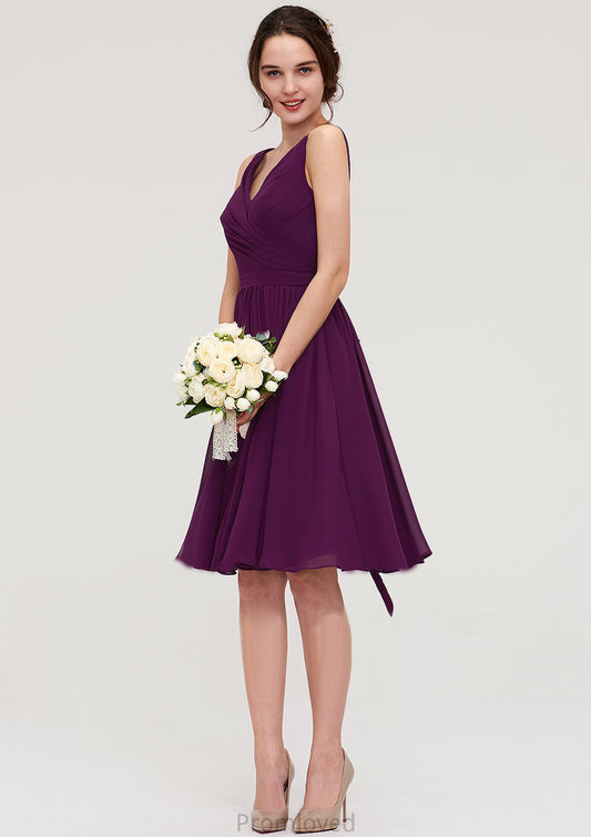 Sleeveless V Neck Chiffon A-line/Princess Knee-Length Bridesmaid Dresses With Pleated Holly DUP0025401