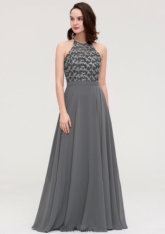 A-line/Princess Halter Long/Floor-Length Chiffon A-line/Princess Bridesmaid Dresses With Appliqued Deborah DUP0025402