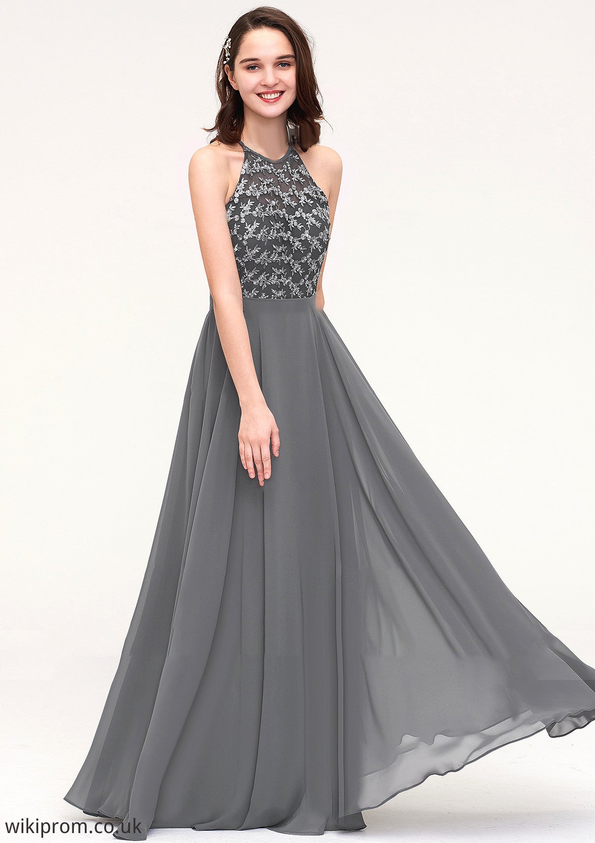 A-line/Princess Halter Long/Floor-Length Chiffon A-line/Princess Bridesmaid Dresses With Appliqued Madelyn SWKP0025402