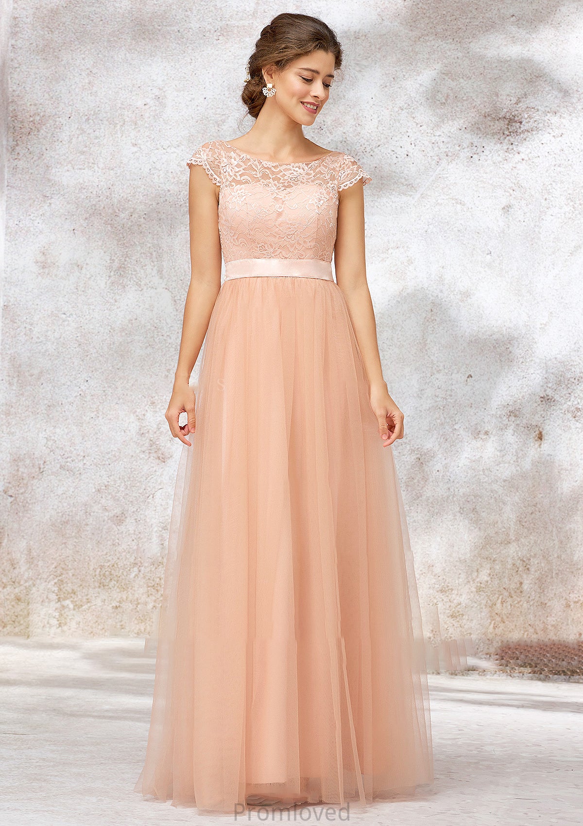 Sleeveless Bateau Long/Floor-Length Tulle A-line/Princess Bridesmaid Dresses With Sashes Lace Shayna DUP0025405