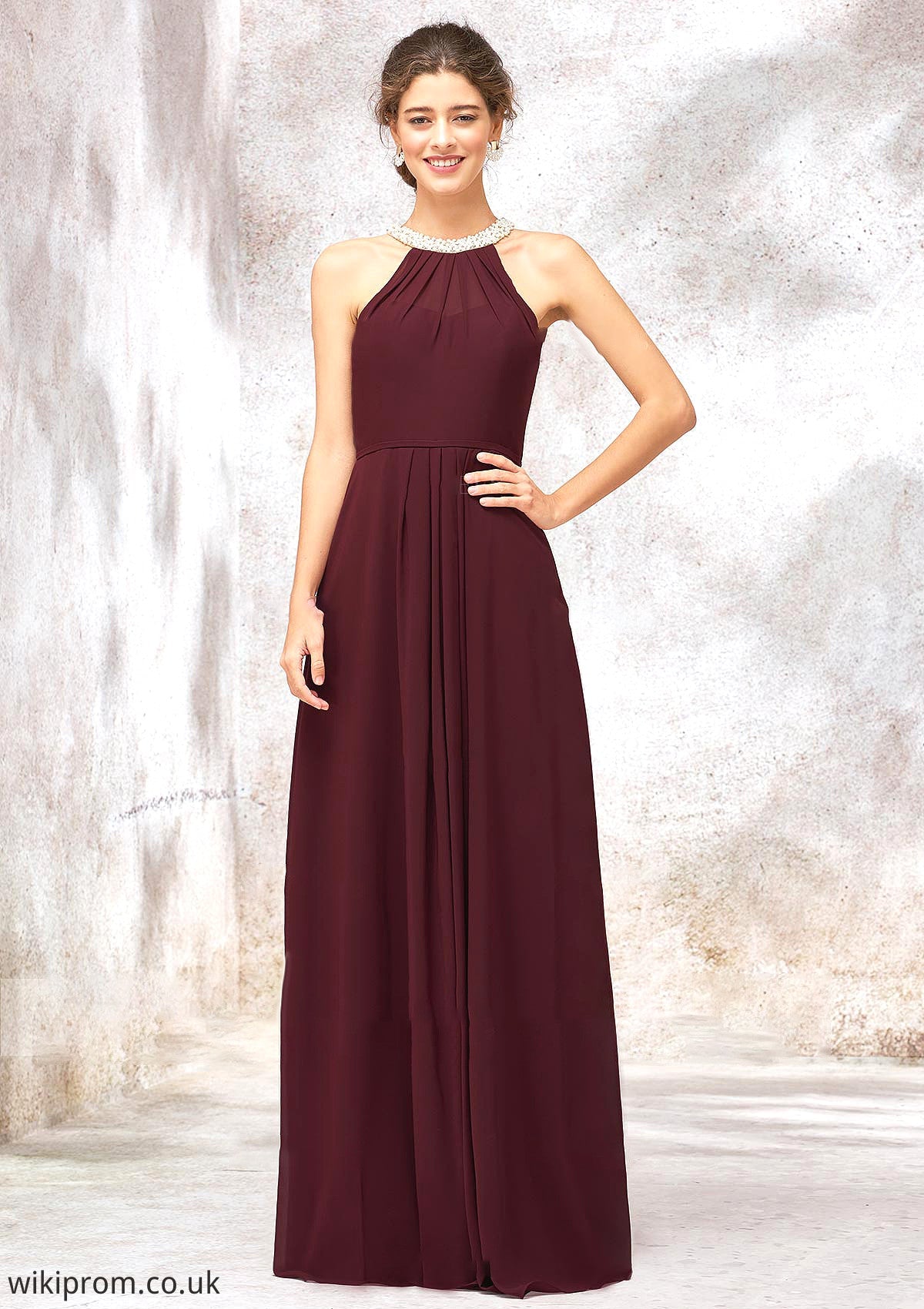 Sleeveless Scoop Neck Long/Floor-Length Chiffon A-line/Princess Bridesmaid Dresses With Pleated Beading Riya SWKP0025406